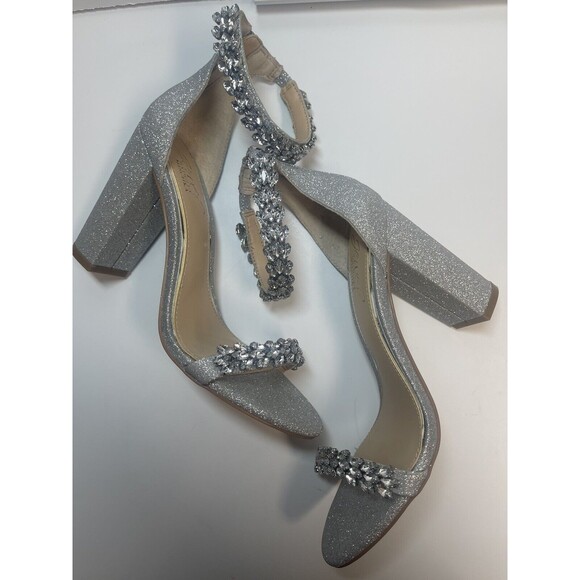 Jewel Badgley Mischka Mayra Ankle Strap Evening Shoe In Silver Sz 6 1/2 New WOT - Picture 7 of 13